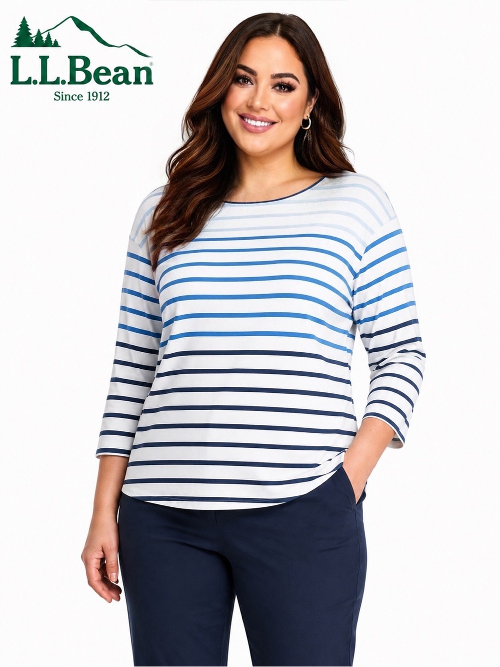L.L.BEAN Heritage Mariner Boatneck 3/4 Sleeve Stripe, Size 3X